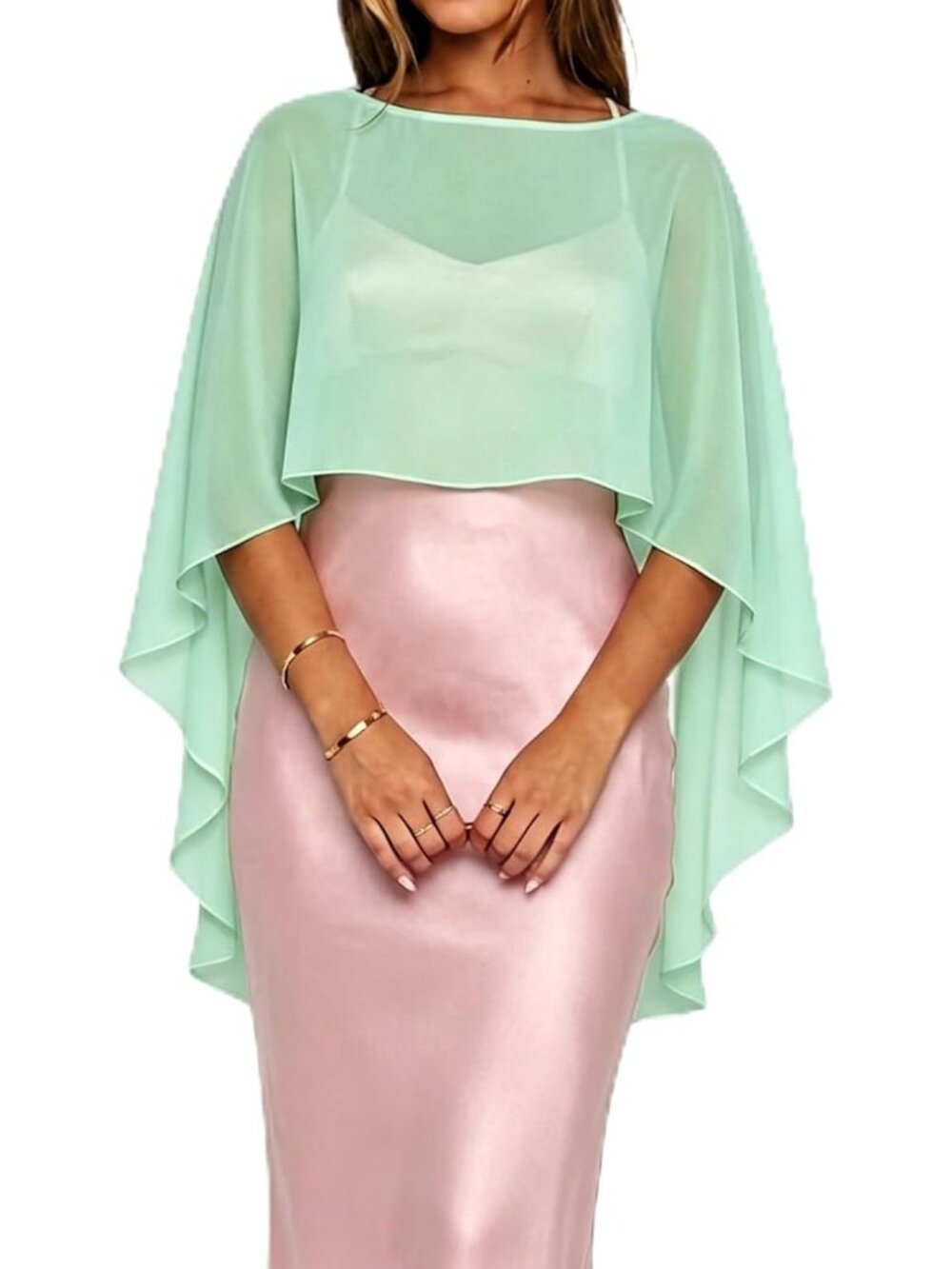 Women's Light Green Chiffon Cape Sheer Poncho Top Shawls and Wrap Beach Cover Up